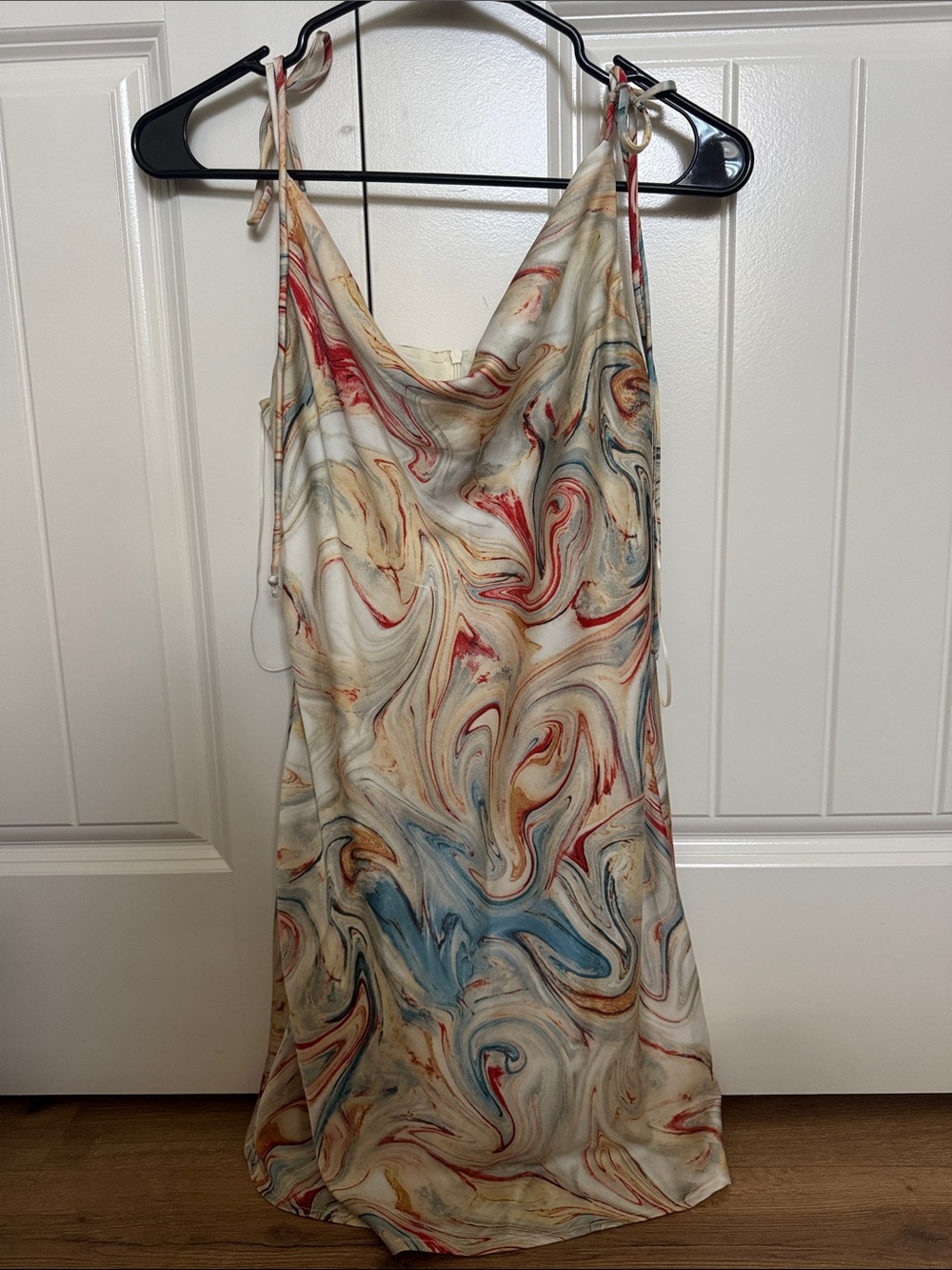 Marble-Print Midi Slip Dress in Cream with Multicolor Swirl